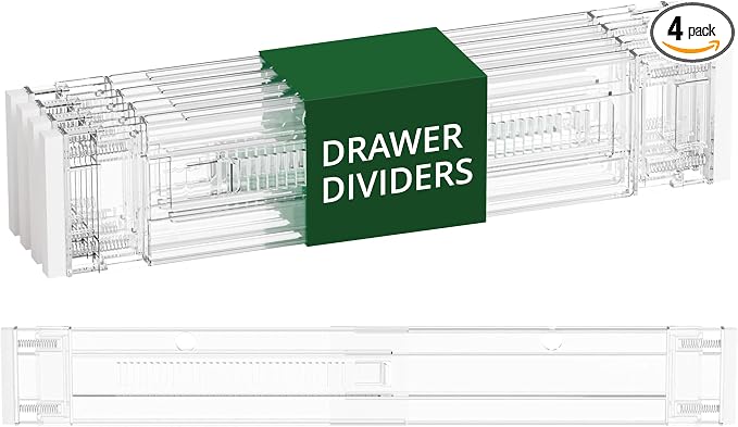 Clear Drawer Dividers Organizers, Adjustable Expandable Drawer Divider Organizer for Clothes, Dresser, Kitchen & Office Drawers, Acrylic Drawer Separators for Bedroom Storage, 4-Pack, Clear Plastic
