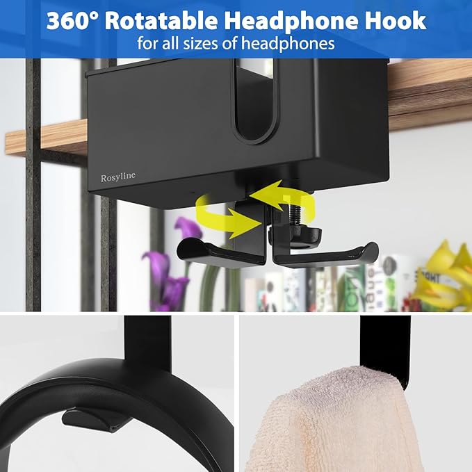 Rosyline 3-in-1 Desk Cup Holder & Clip-on Cup Holder, Clip on Desk Organizer – with Anti-Spill Function, Keeps Your Coffee, Headset, Phone & Pens Within Easy Reach, for Office Desk (Black)