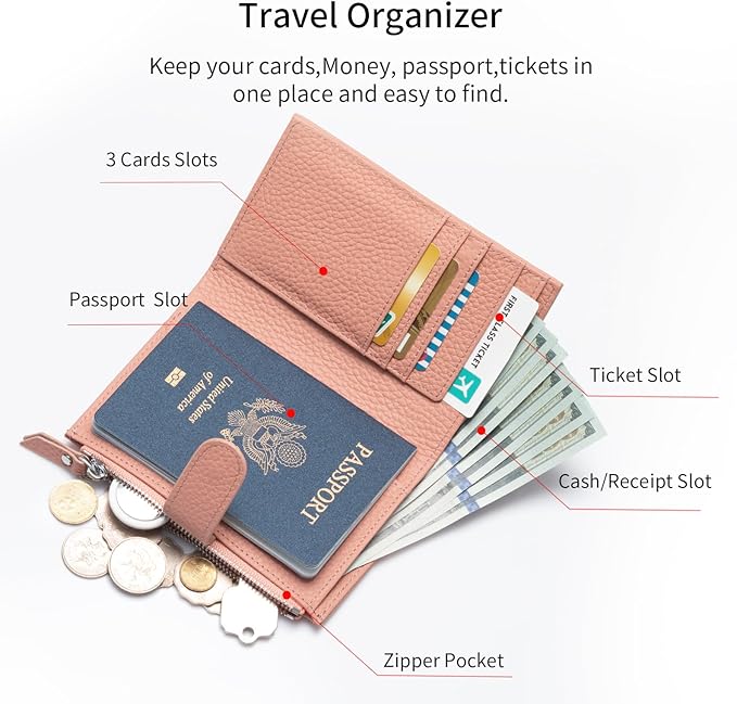 Passport wallet and Card Slot Combo RFID Blocking Slim Leather Travel Passport Wallet for Men and Women with Zippered Coins Pocket Passport holder,Pink