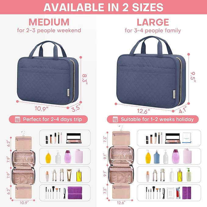 HXLGMD Travel Size Toiletry Bag for Women, Portable Cosmetic Bag with Hanging Hook, Travel Essentials Water-resistant Makeup Organizer for Accessories, Shampoo, Full-size Container, Toiletries
