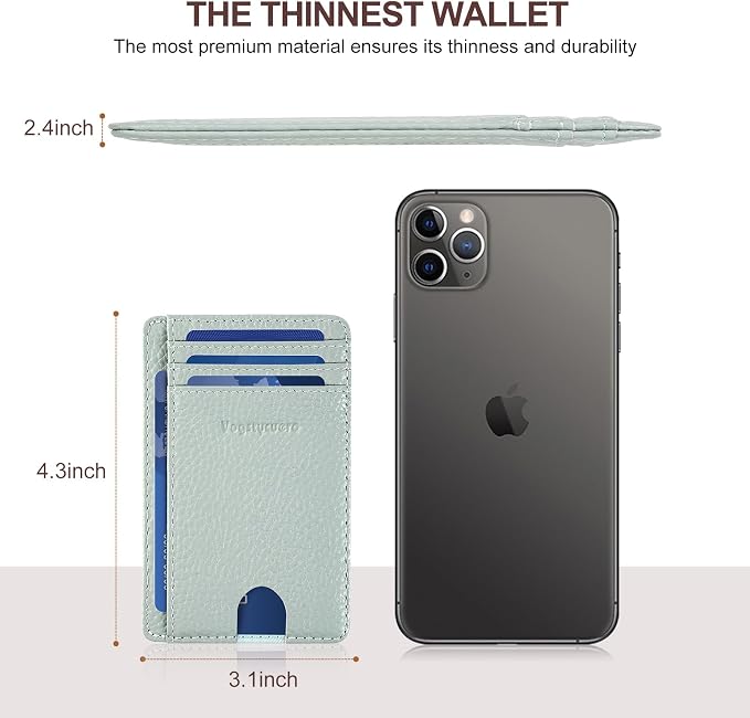 Slim Minimalist Front Pocket Thin Wallet RFID Blocking 100% Genuine Leather Credit Card Holder for men Women, with Gift Box-Lichee Blue Grey