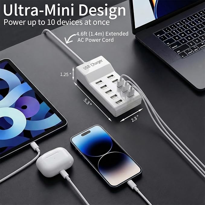 10-Port USB Charging Station 50W 10A with 5-Pack USB-A to C Cables, Ultra-Compact Multi Device Charger Block, Desktop Charging Hub Organizer for Phone, Tablet, Earbuds (White)
