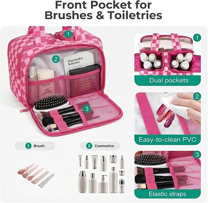 Travel Toiletry Bag, Spacious Hot Pink Checkered Toiletry Bag for Women,Large Toiletry Bags for Traveling,Lightweight Travel Cosmetic Makeup Bag Organizer for Accessories,Toiletries (Pink Checkered)
