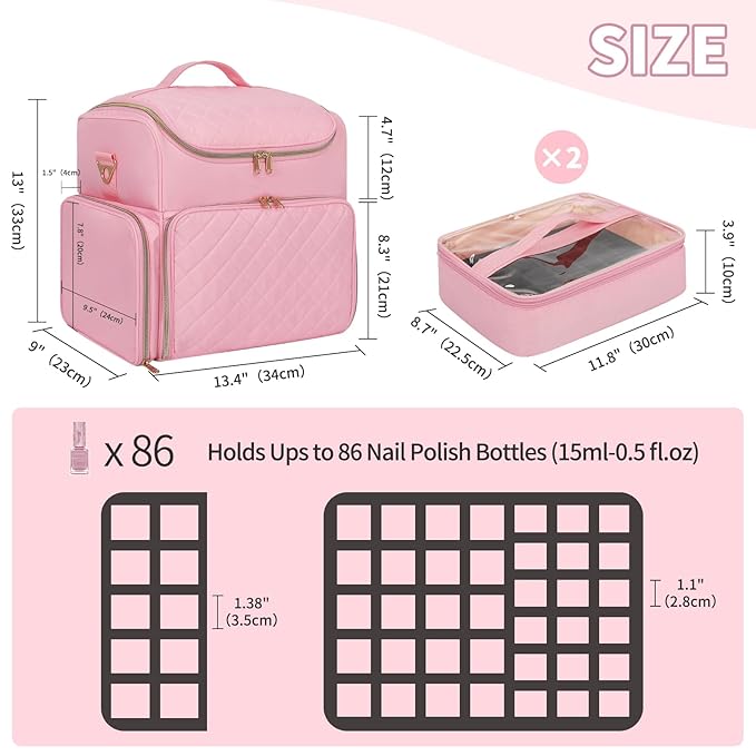 CUBETASTIC Extra Large Nail Polish Organizer Case Holds 86 to 100+ Bottles & Nail Lamp, Nail Supplies Storage Bag with 2 Removable Pouches, Nail Art Travel Box