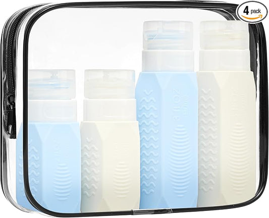 4 Pcs Silicone Travel Bottles for Toiletries, TSA Approved 3oz & 2oz Squeeze Containers, Refillable LeakProof Travel Size Accessories for Shampoo Body Wash, Travel Essentials with Clear Bag