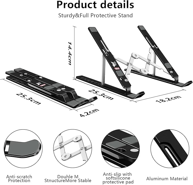 Laptop Stand, Computer Tablet Stand, Adjustable Aluminum Foldable Portable Laptop Holder Riser, Compatible with MacBook Air Pro, Lenovo, HP, Dell, More 10-15.6??Laptops and Tablets (Black)