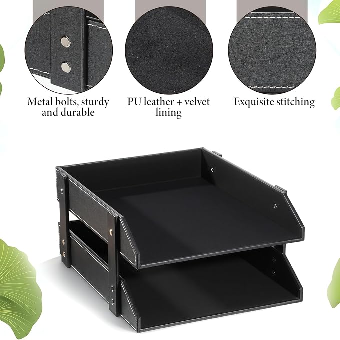 Leather Desk File Organizer 2-Tier Stackable Letter Tray Holder Desktop Organization Holder for Document, Magazines, Newspapers, Letters, and Other Home Office Paper Sundries, Black