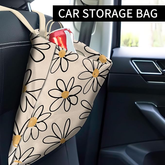 Car Trash Can, Cute Car Trash Bag, Hanging Car Organizer and Storage Bag, Trash Bin for Car Accessories, Vehicle, Travelling, Camping Cute Beige Daisy