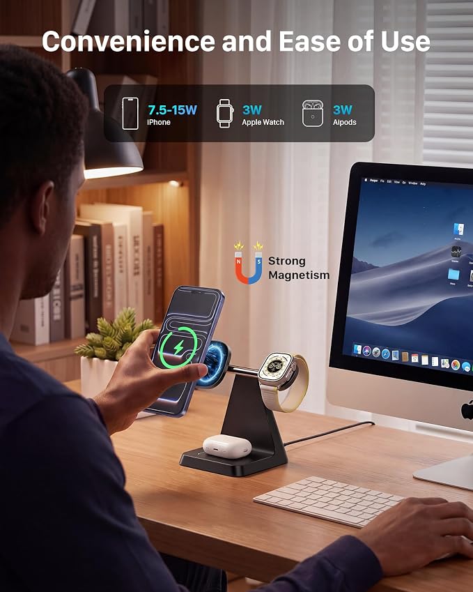 3-in-1 Magnetic Wireless MagSafe Charger Stand for Apple Devices | Charging Station for iPhone 12/13/14/15/16/17, Apple Watch & AirPods – Ideal for Nightstand, Desk, or Home Office