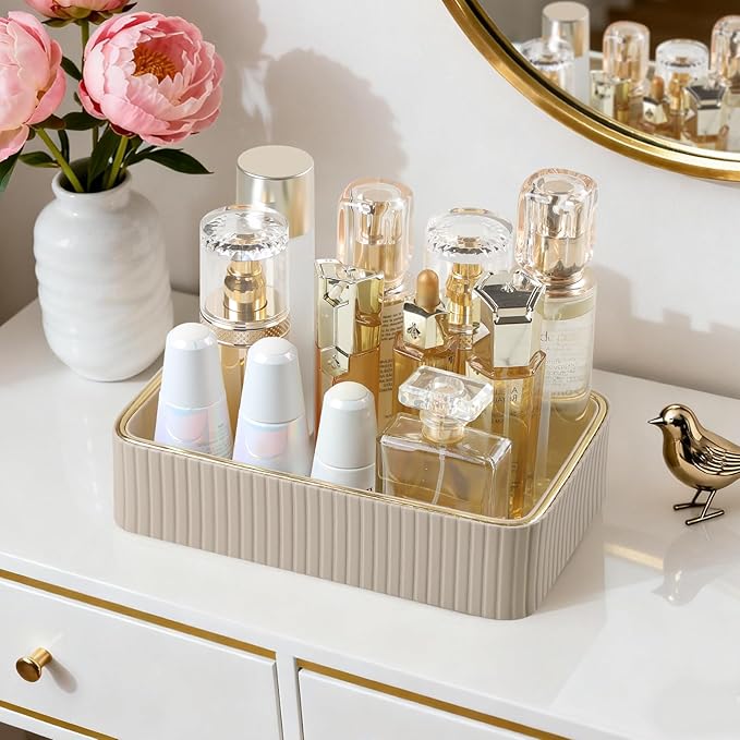 Desk Organizer Tray, PU Leather Nightstand Organizer Perfume Valet Tray for Men Women, Decorative Vanity Trays Trinket Dish Key Bowl for Entryway Table (Beige, Small)