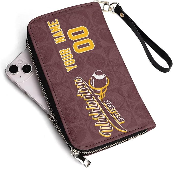 Custom Sports Team Zip Organizer Wallet-Personalized PU Leather Wallet with Name Number,Multi-Card Slots,Wrist Strap,Fan Gift for Men Women.