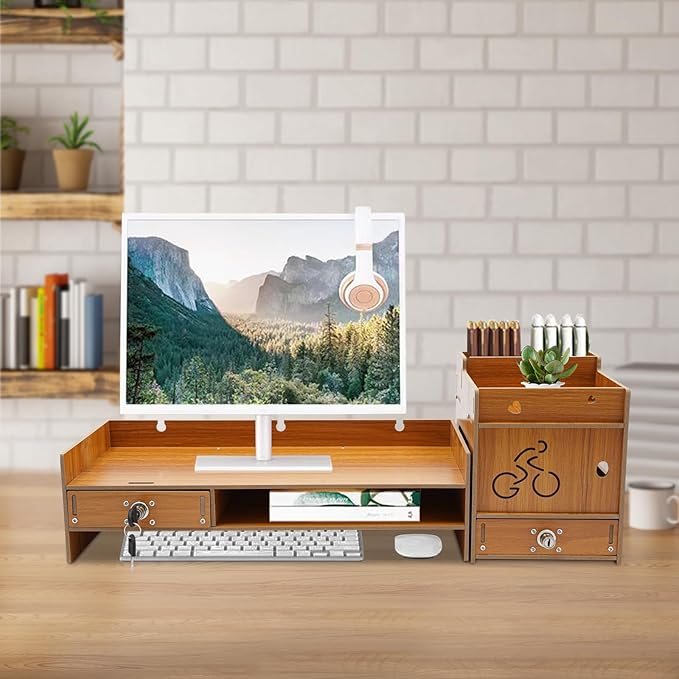 Desktop Monitor Stand, Computer Monitor Stand for Desk, Monitor Riser with Drawer, Desk Monitor Stand Underneath Storage for Office (Cherry Wood Color)