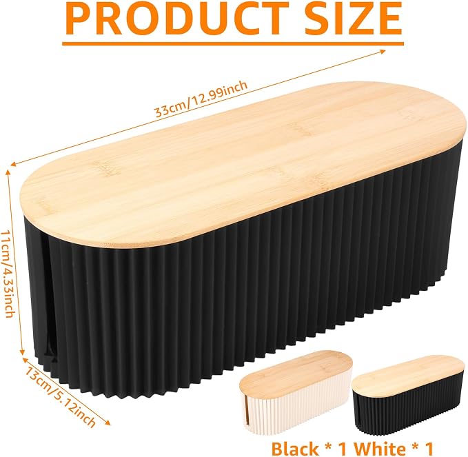 2Pcs Cable Management Box, 13 × 5.12 × 4.33 inch Plastic Cord Hider Box with Wood Lid, Hidden Storage Cord Organizer Box, Ample Internal Space Power Strips Cover Easy Access for Home Office