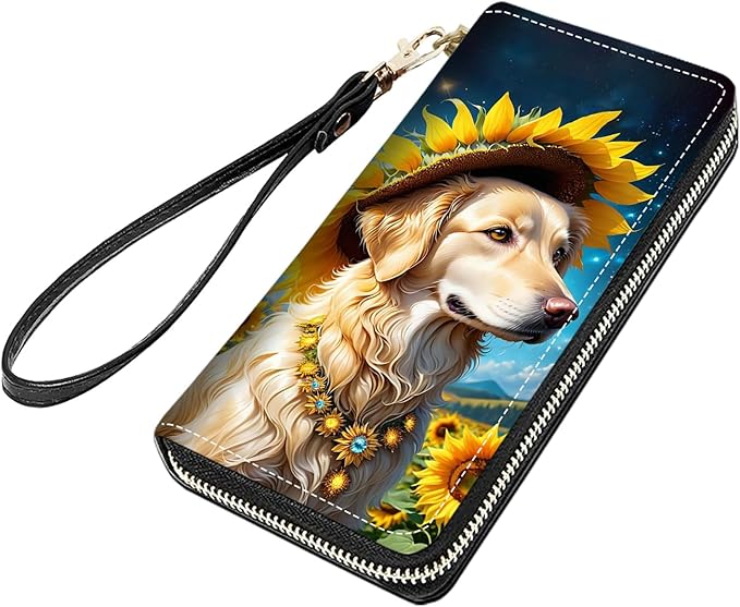Cute Dog and Sunflower Print Women Large Capacity PU Leather Zip Around Wallet, Multifunctional Clutch Purse for Cash/Card/Coin/Smart Phone