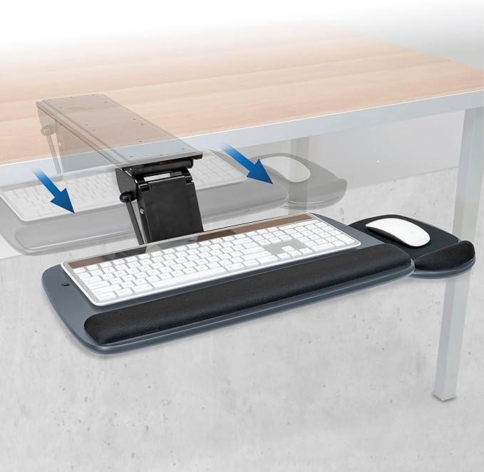 Mount-It! Under Desk Keyboard Tray, Adjustable Slide-Out Keyboard & Mouse Platform, 20.5" W × 11" D, Ergonomic Wrist Rest, Tilt & Swivel, Heavy-Duty Bolt-On Keyboard Drawer for Home Office, Blue