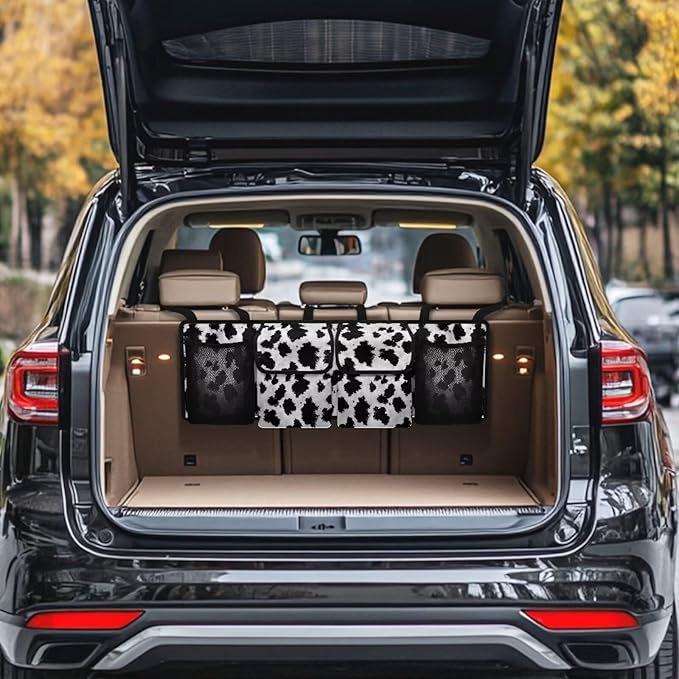 Cow Pattern Car Trunk Organizer and Storage Backseat Hanging Cargo Bag Seat Back Car Organizer Storage Bag with 4 Pockets 3 Adjustable Straps