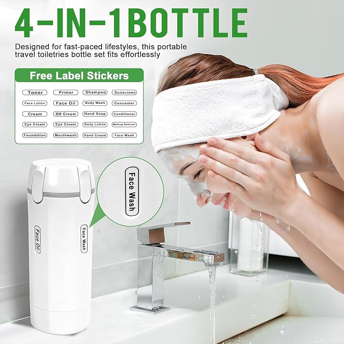 4 in 1 Travel Dispenser Bottle,Leak Proof Refillable Bottles Store Shampoo, Lotion and More,Transparent with Scale, Easy Squeeze Use, Lightweight & Portable Perfect for Travel,Gym,Camping (MIX-2Pcs)