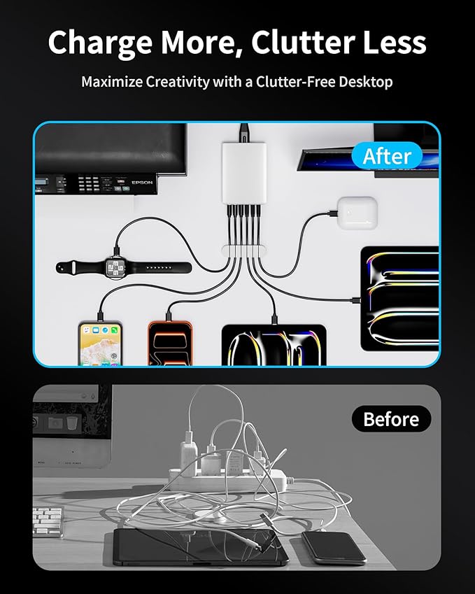105W USB C Fast Charger, 6-Port Desktop GaN USB Charging Station Hub, USB C Charger Block Wall Charger for iPhone 17/16/15/14/13/12/11, iPad, Samsung and More (Cable Organizer Included)