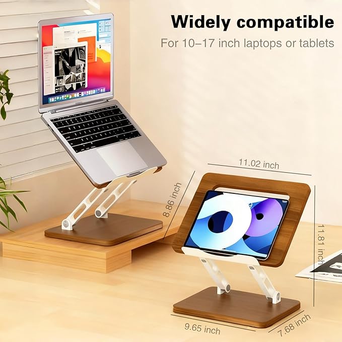 Ergonomic Adjustable Laptop Stand, Wooden & Metal Laptop Riser with Hollow Heat Dissipation, Foldable for Desk Use,Fits 10-17 Inch Laptops/Tablets