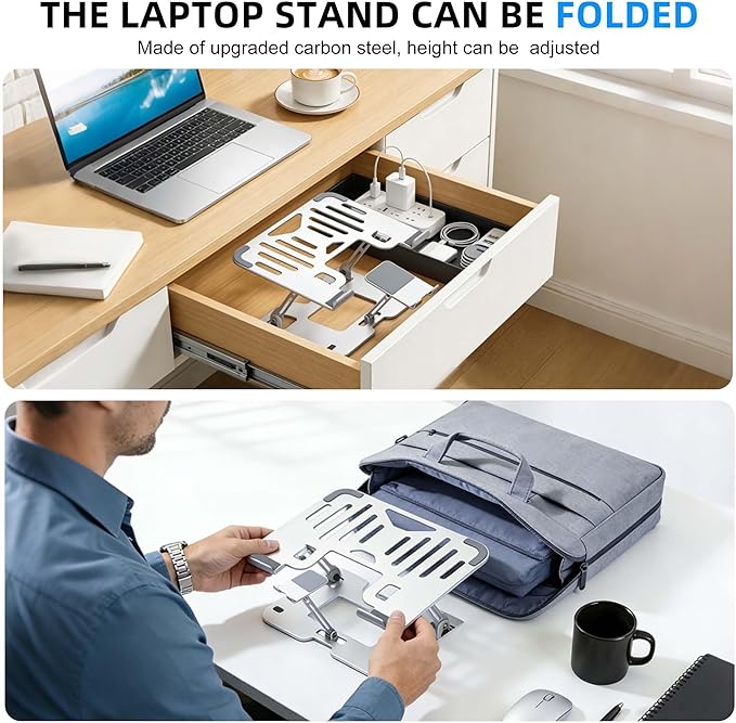 Ergonomic 2-in-1 Laptop Stand for Desk with Phone Holder, Adjustable Laptop Riser, Computer Stand for Laptop, Sturdy and Portable Stand, Compatible with Most Laptops and Phones (White)