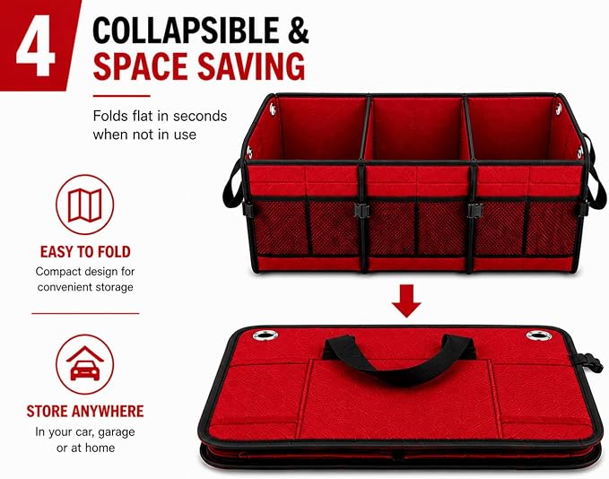 Car Trunk Organizer – Foldable Storage with 3 Compartments, Heavy Duty, Collapsible Cargo Organizer for SUV, Truck & Car (Red)