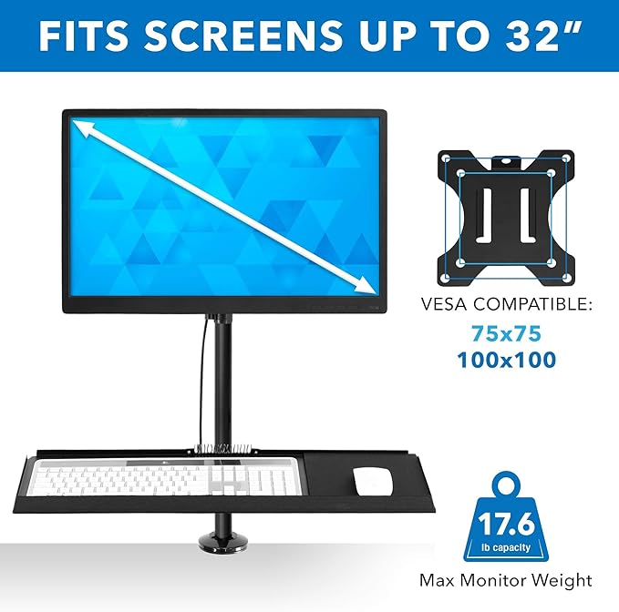 Mount-It! Sit-Stand Monitor Arm Desk Mount with Keyboard Tray, Single Monitor Fits Up to 32”, Height Adjustable Gas Spring, Full Motion Articulating Arm, Clamp or Grommet, Black