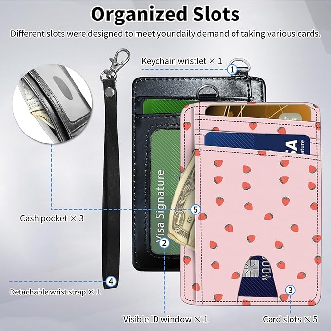 Slim Minimalist Front Pocket Wallet,Credit Card Holder Wallet for Women Men,RFID Blocking Credit Card Holder Case Leather Cute Small Thin Wallet ID Window&Wrist Strap,Cute Pink Strawberry