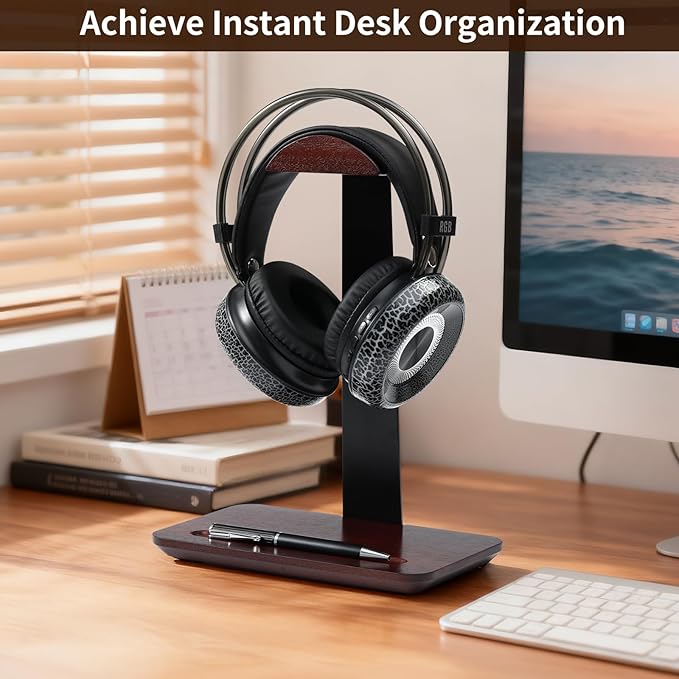 Walnut Headphone Stand with Pen Holder - Solid Wood Headset Stand for Desk, Wooden Headphone Holder and Executive Desk Organizer for Office, Compatible with AirPods Max, Sony, Bose Headphones, Brown