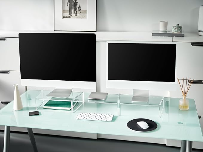 Red Co. Set of 3 Modern Clear Acrylic Desktop Computer Monitor Stands with Adjustable Length & Angle, 14.7” x 9” x 4”