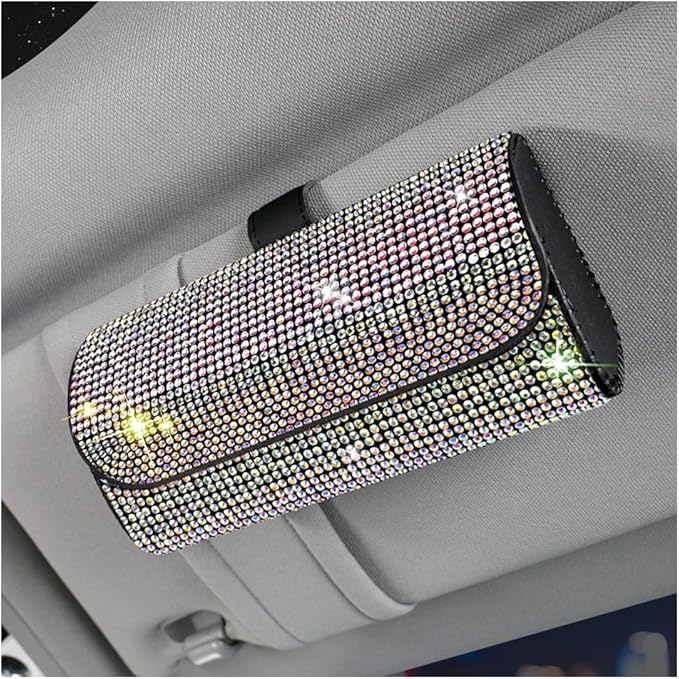Osilly Bling Car Sunglass Holder for Sun Visor, Sparkling Crystal Leather Automotive Eyeglasses Mount Clip Organizer with Hidden Magnetic Closure for Men Women, Universal for SUV Truck Van（Multicolor）