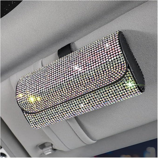 Osilly Bling Car Sunglass Holder for Sun Visor, Sparkling Crystal Leather Automotive Eyeglasses Mount Clip Organizer with Hidden Magnetic Closure for Men Women, Universal for SUV Truck Van（Multicolor）