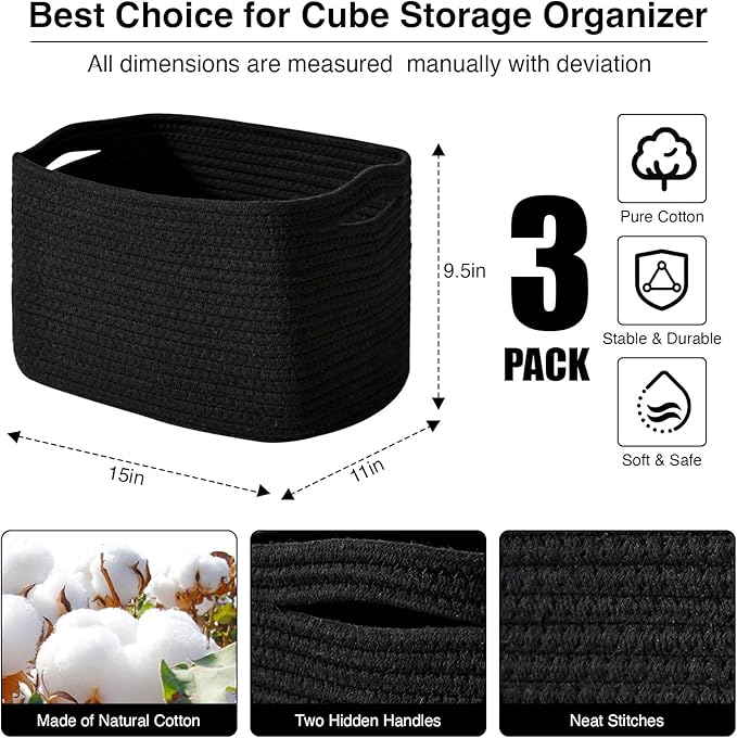 ICERZCZ Black Storage Baskets for Organizing Shelves, Toy Basket for Nursery, Woven Cotton Rope Basket for Decor, Towel Baskets for Bathroom, 15"x11"x9.5", 3 Packs, Black