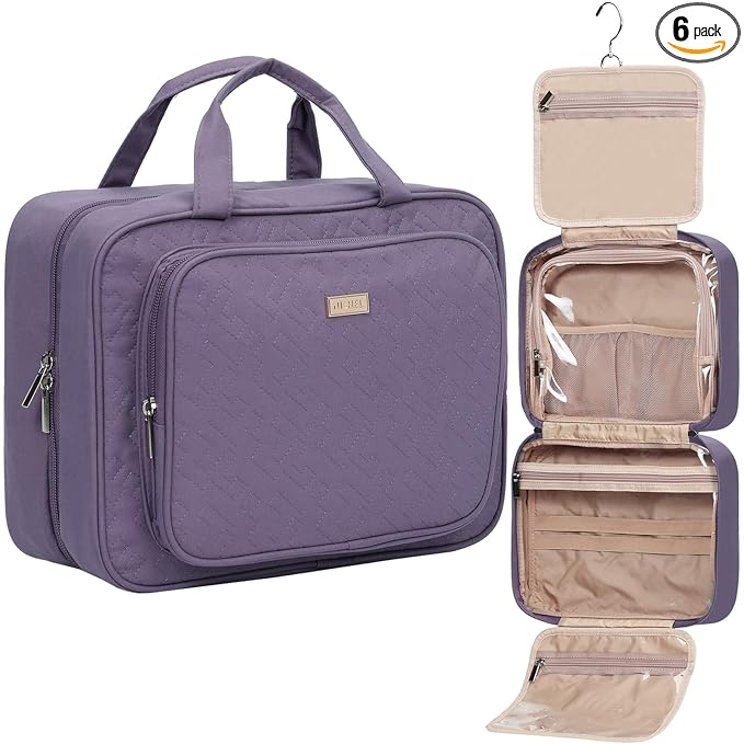 NISHEL Travel Toiletry Bag for Women, Makeup Essentials Organizer, Hanging Case for Accessories, Cosmetics, Large Size, Purple
