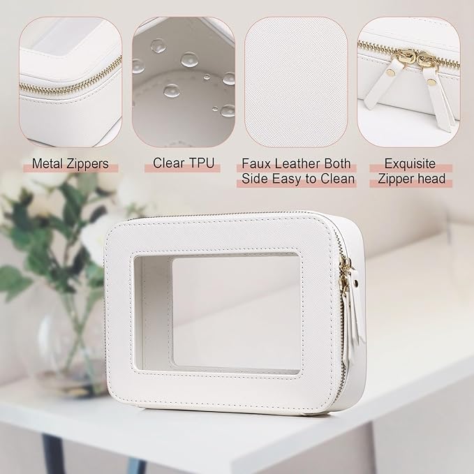 Pinkmik Clear Makeup Bag for Women Waterproof Travel Cosmetics and Toiletries Case Portable Makeup Oaganizer Bag Clear Car Bag with Zipper (White, M)