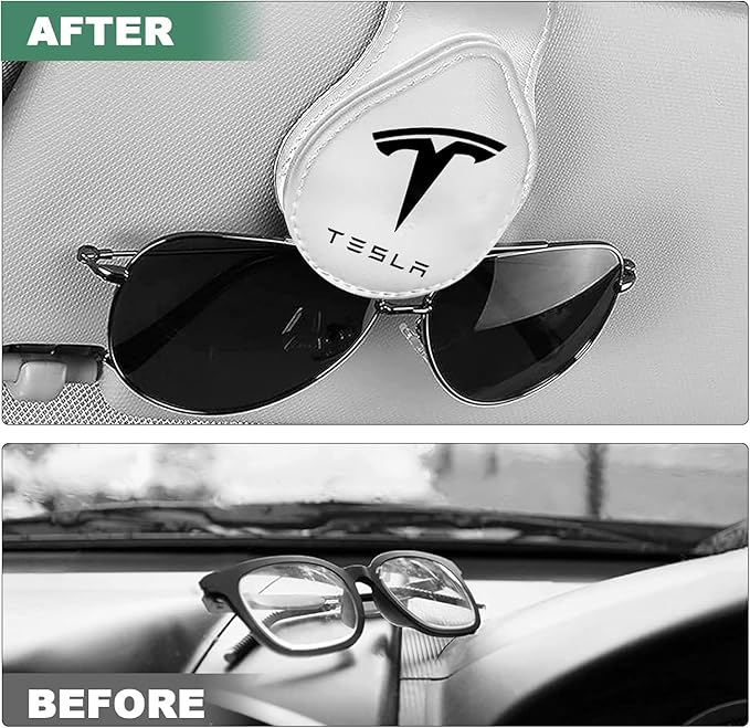 Sunglasses Holder Compatible with Tesla Model Y 3 X S Cybertruck Leather Magnetic Glasses Mount Holder Eyeglasses Sunglasses Clip Visor Sunglass Holder Accessories Gifts for Owners (White)