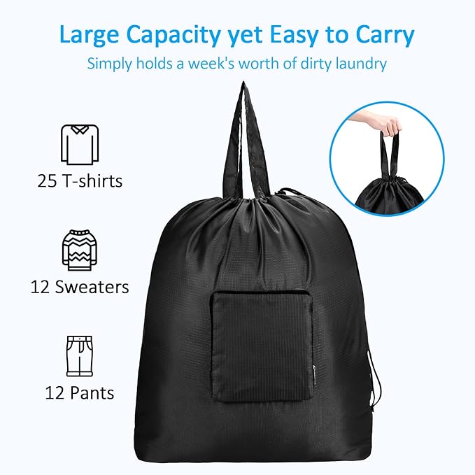 GOGOODA Travel Laundry Bags with Drawstring Closure XL Large Foldable Dirty Clothes bags with Handle Heavy Duty and Washable for College Dorm Travelling Camping, 2 Pack, Black & Dark Blue