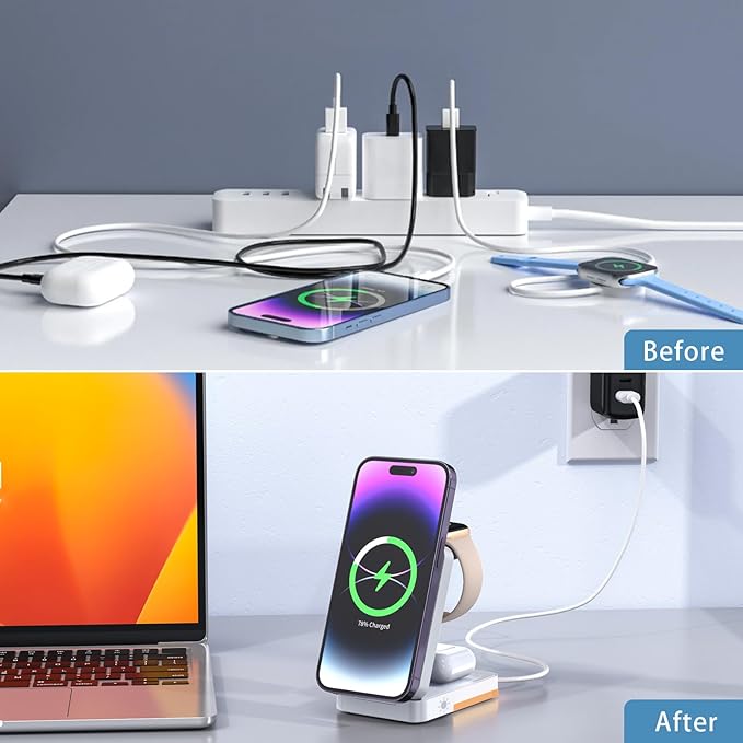 3-in-1 Travel Magnetic Charging Station for iPhone 17/17 Pro/17 Pro Max/Air/16 15 14 13 12 Pro Max Plus mini/Apple Watch/Airpods, Foldable Portable Wireless Charger Stand with Night Light-White