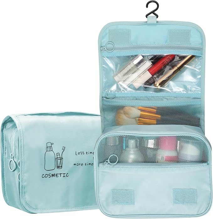FINPAC Toiletry Bag, Large Capacity Hanging Makeup Bag with Waterproof PVC Compartment, Travel Cosmetic Organizer for Women, Makeup Lovers, Cruise, Gym, and Family Trips, Blue