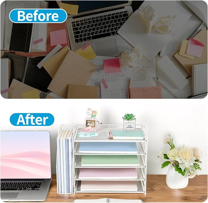 AUPSEN Desk Organizers and Accessories, 5-Tier Desktop Paper File Organizer with Removable File Holder, Desk Accessories & Workspace Organization for Home Office Supplies (White)