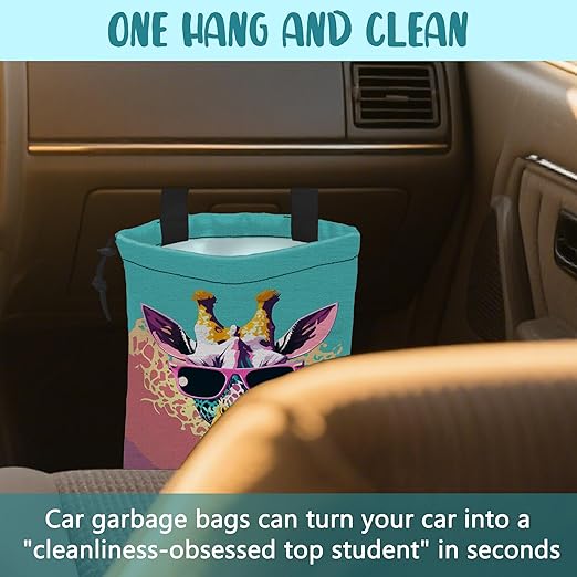 Car Garbage Bag Giraffe Wearing Sunglasses Hanging Canvas Car Trash Bag Waterproof Drawstring Car Back Seat Organizer for Car Back Front Seat Console with Adjustable Buckle