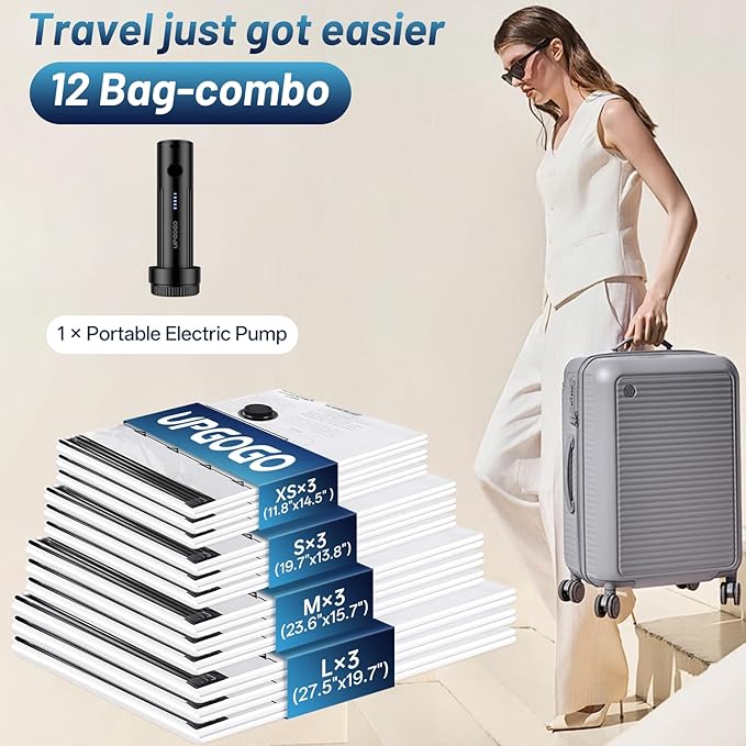 UPGOGO Travel Vacuum Bags for Luggage with Portable Electric Pump,Vacuum Seal Bags for Clothing,Packing Cubes Compression,Cruise Ship and Travel Essentials(Combo 12 Pack)