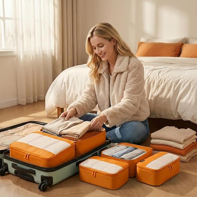 4 Piece Compression Packing Cubes for 3–7 Day Travel, Space Saving Travel Organizers with Breathable Mesh, Double-Zipper Packing Cubes for Carry-On & Suitcases (Orange)