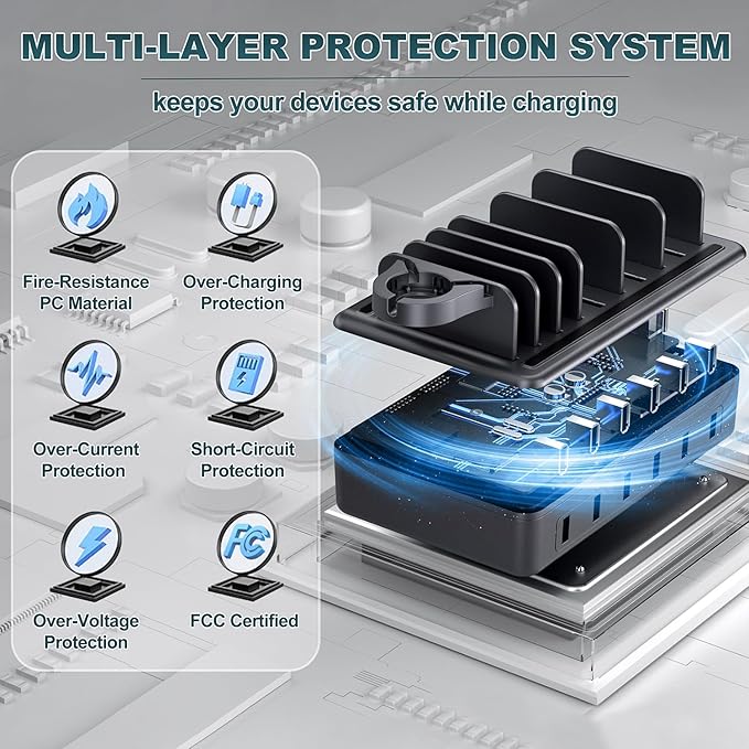 Charging Station for Multiple Devices, 6 in 1 Charger Station Multiple Charging Station for Cellphone Tablet iPhone iPad and More-50W Charging Dock with Mixed Charging Cables