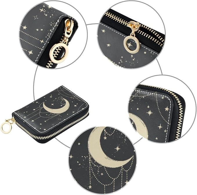 Boho Moon RFID Credit Card Holder Wallets Accordion for Women Leather Zipper Card Case Accordion Wallet for Ladies Girls