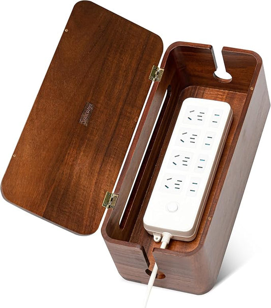 Large Acacia Wood Cable Management Box - Cord Hider & Organizer for TV Wires, Power Strip, Electrical Hiding, Desk & Floor Cables - Solution Wire Storage Solution for Office, Living Room, Bedroom