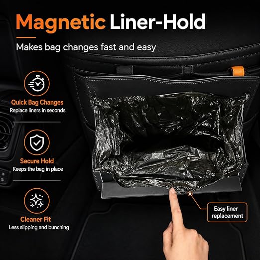 COZILO Leather Car Trash Can, Leak-Proof Odor-Lock Car Garbage Can with 60 Liners, Magnetic Closure, Liner-Hold Design, Storage Pocket & Metal Hooks, Hanging Car Trash Bin for SUV Sedan Truck