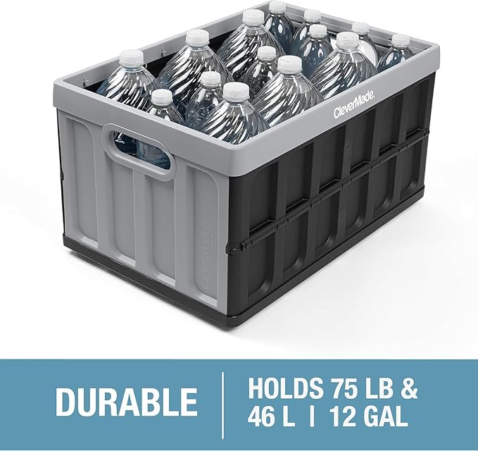 CleverMade Collapsible Storage Bins with Lids (46L, 3 Pack) – Stackable Foldable Plastic Storage Crates for Home, Closet & Trunk Organization - Obsidian