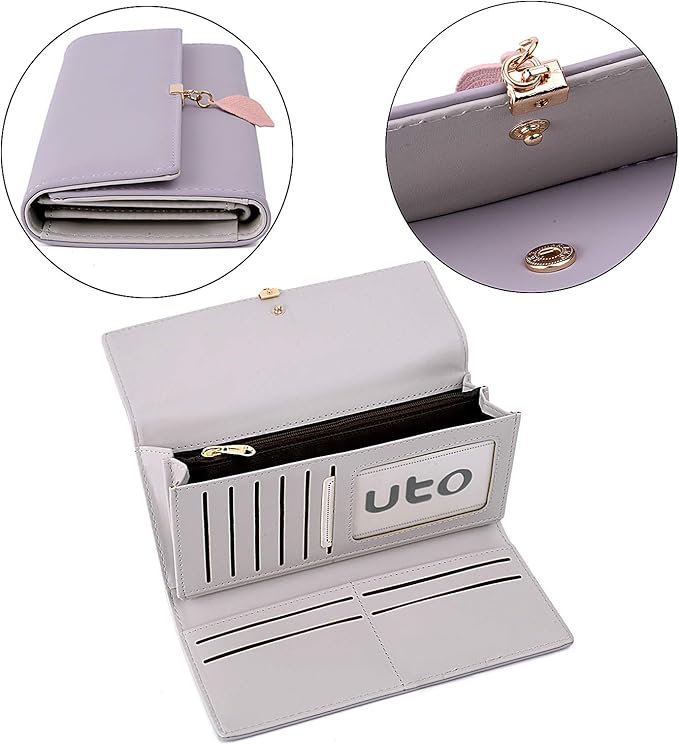 UTO RFID Wallet for Women PU Leather Leaf Pendant Card Holder Phone Checkbook Organizer Zipper Coin Purse | Leaf Pendant, Card Holder, Phone, Checkbook, Organizer, Zipper