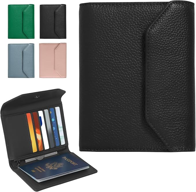 WHHMK Leather Passport Holder for Travel,Rfid Passport Holder Protect Your Card Security,Passport Book Holder for Men Women,Travel Wallet with Cards & Pen Slot,Boarding Pass,Zipper Cash Pocket(Black)