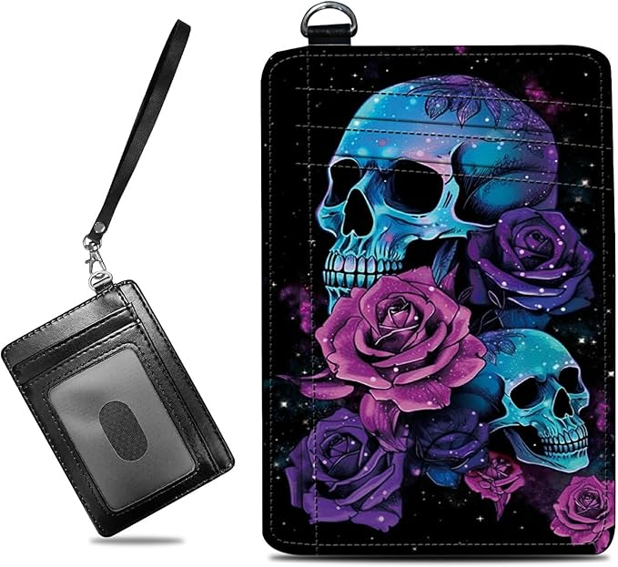 Small Travel Wallets, Neon Sugar Skull Slim Minimalist Front Pocket Wallet with Wristlet, RFID Blocking PU Leather Credit Card Holder with ID Window Change Purse for Men Women
